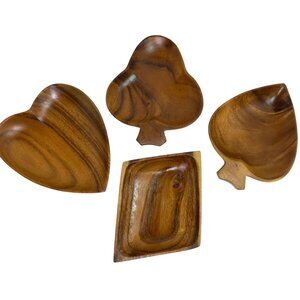 Vintage Wooden Card Suit Shaped Snack & Serving Bowls - Set Of 4 - Teak Wood - 6